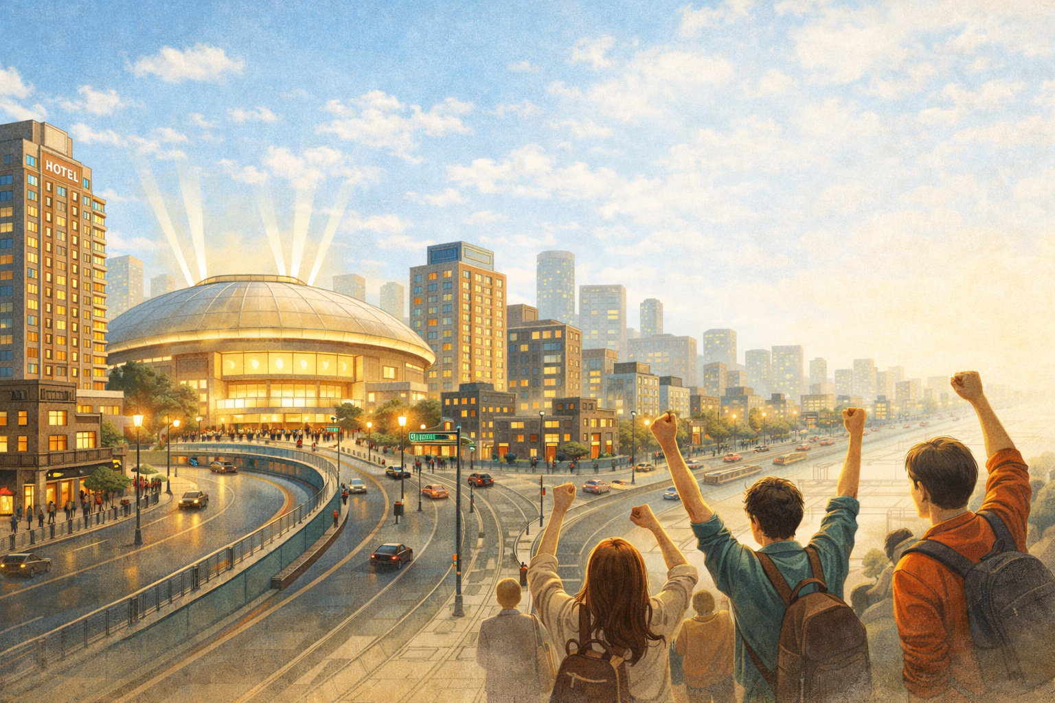 Warm evening event district atmosphere near a major arena