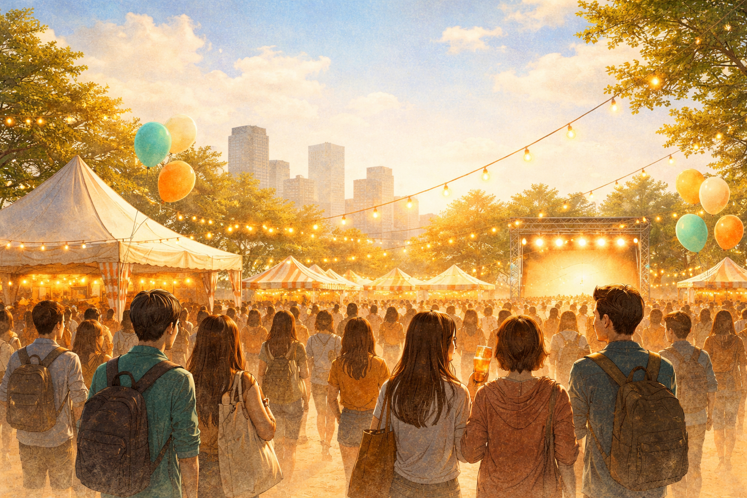 Vibrant event atmosphere with warm string lights